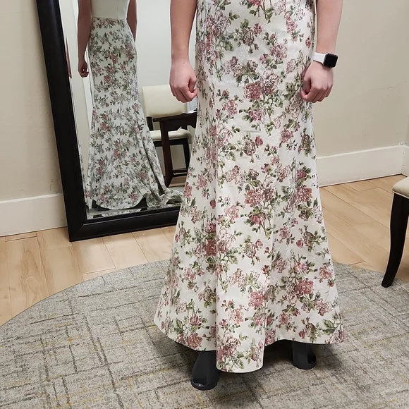 SIZE 8 white w/ pink & green floral 2 piece prom dress by Rachel Allan, no alter - Picture 3 of 13